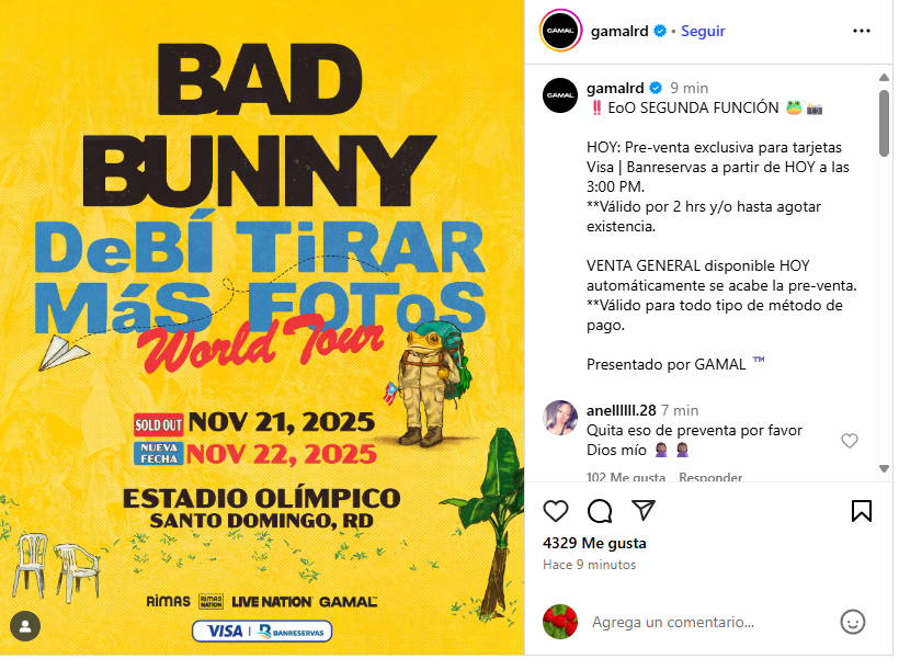Concierto Bad Bunny, Santo Domingo, 21 y 22 noviembre.