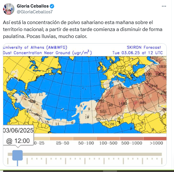 Mapa de polvo sahariano, junio 2025, Europa y África.