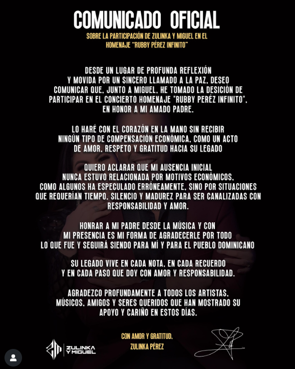 Comunicado oficial sobre homenaje a Rubby Pérez.