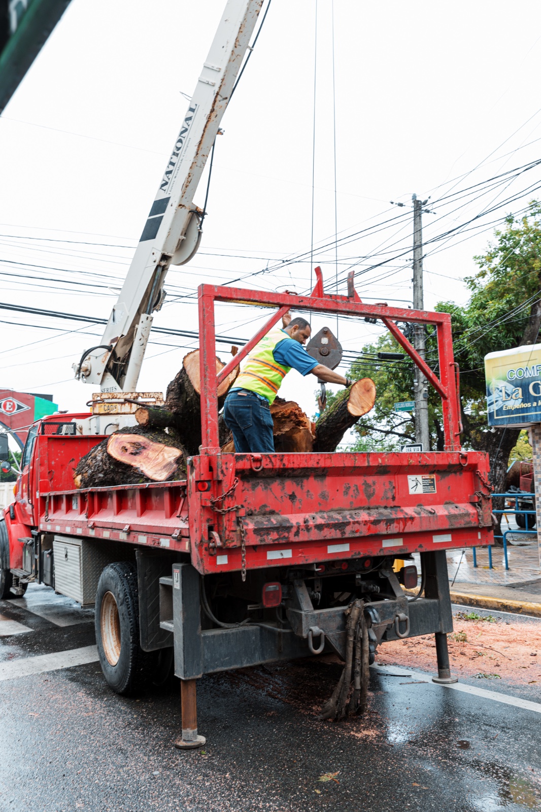Camión transportando troncos en jornada laboral urbana.