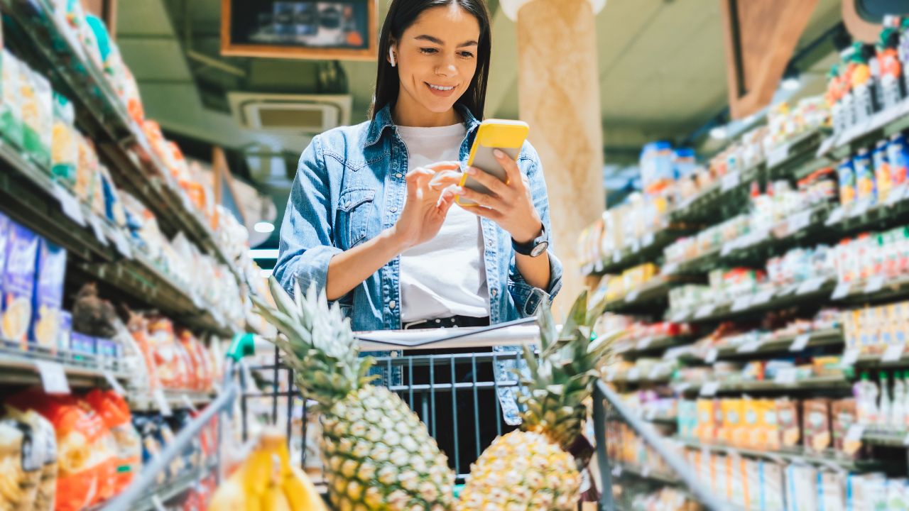 Mujer con móvil en supermercado, carrito con piñas.