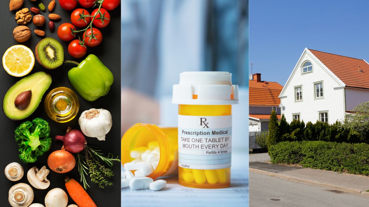 Collage: alimentos saludables, frasco de medicinas, casa blanca.