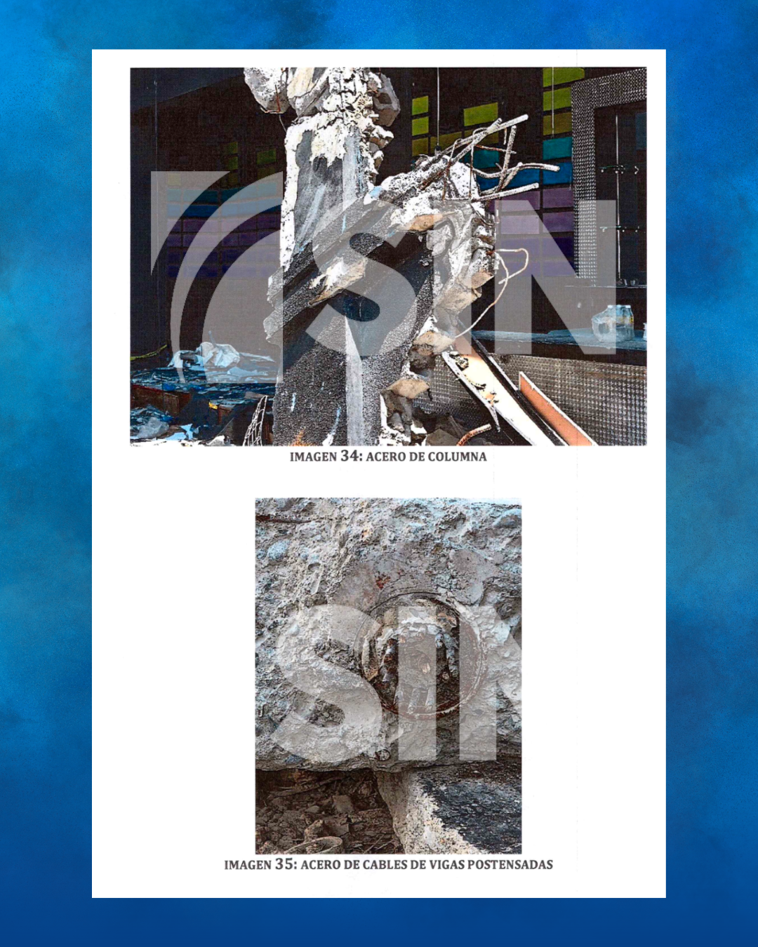 Columna y cables de acero dañados