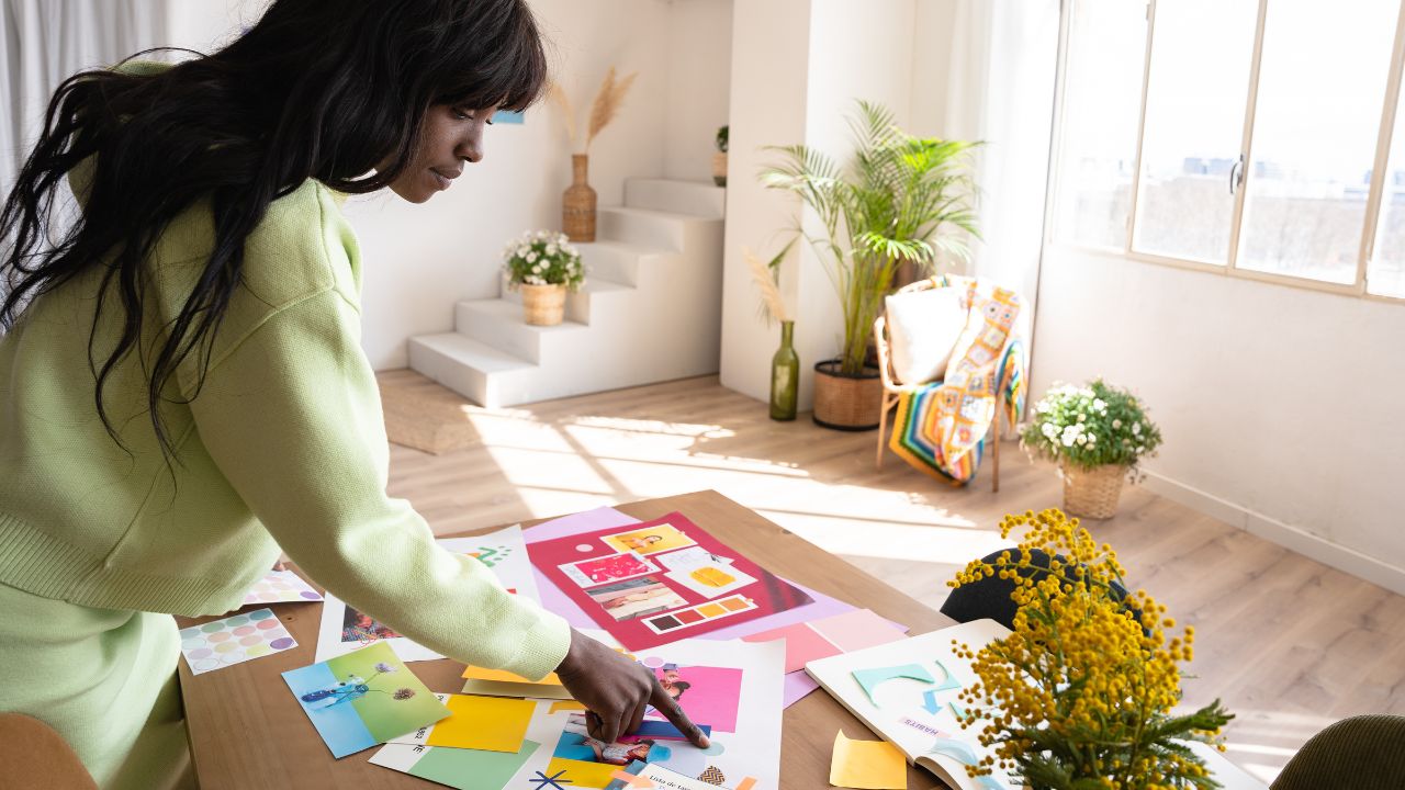 Persona diseñando en un estudio luminoso con plantas