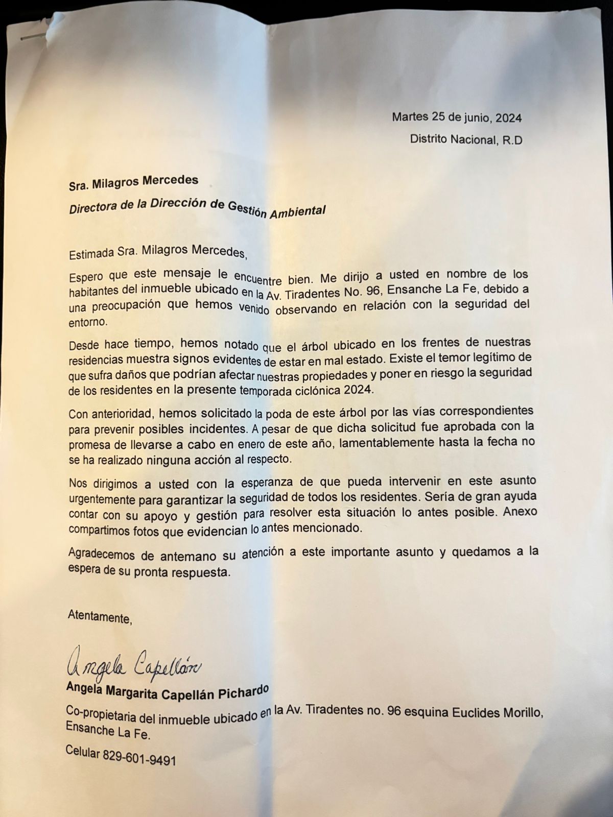 Carta solicitando poda de árbol por seguridad.