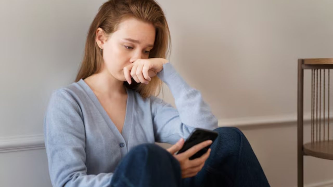 Persona pensativa mirando su móvil, sentada en casa.