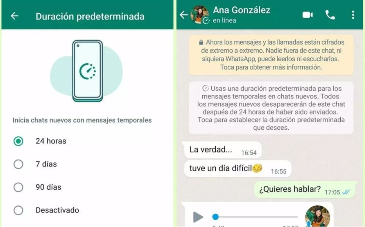 Opciones de duración para mensajes temporales en WhatsApp.