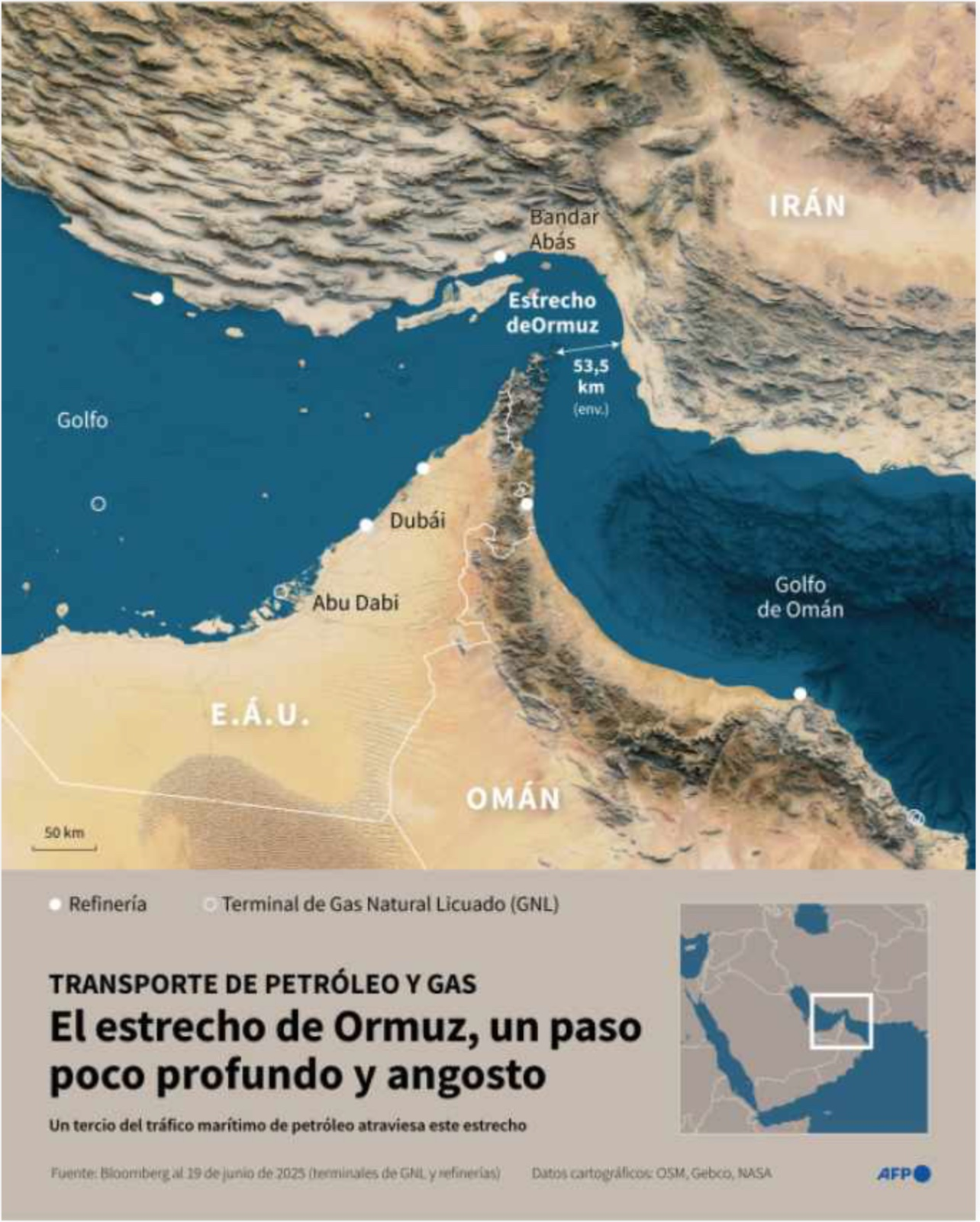 Mapa del estrecho de Ormuz y alrededores.