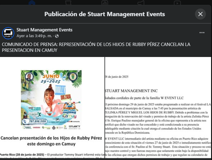 Cancelación concierto Rubby Pérez en Camuy, comunicado oficial.