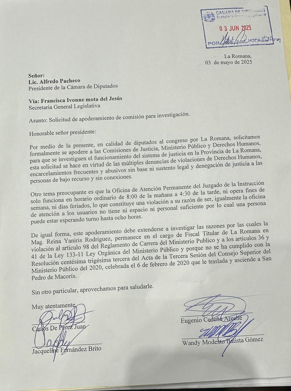 Carta sobre solicitud de investigación judicial en La Romana.