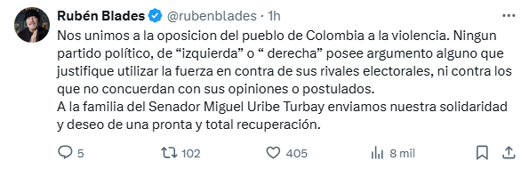 Mensaje de solidaridad y rechazo a la violencia en Colombia.