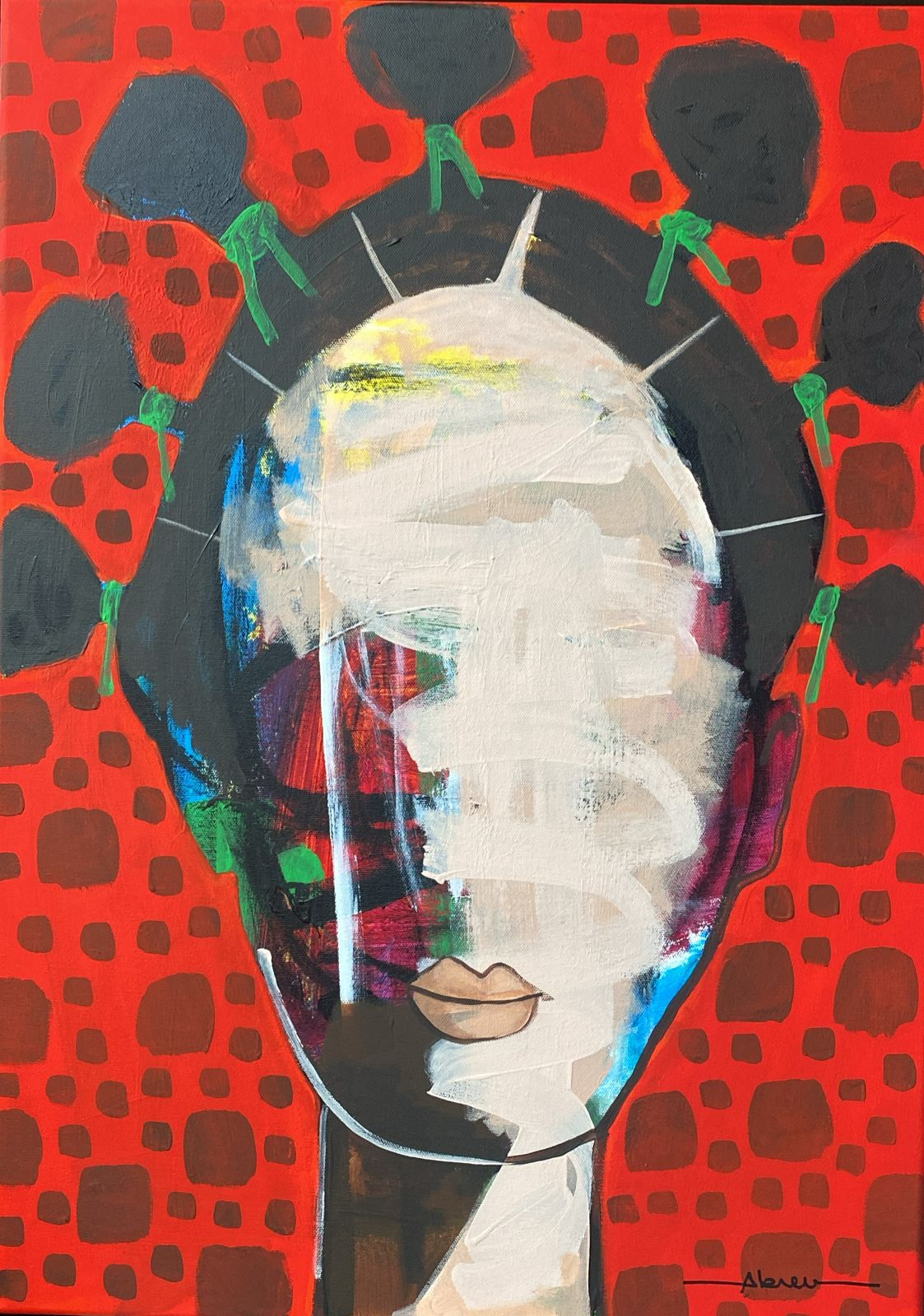 Pintura abstracta con fondo rojo y trazos blancos