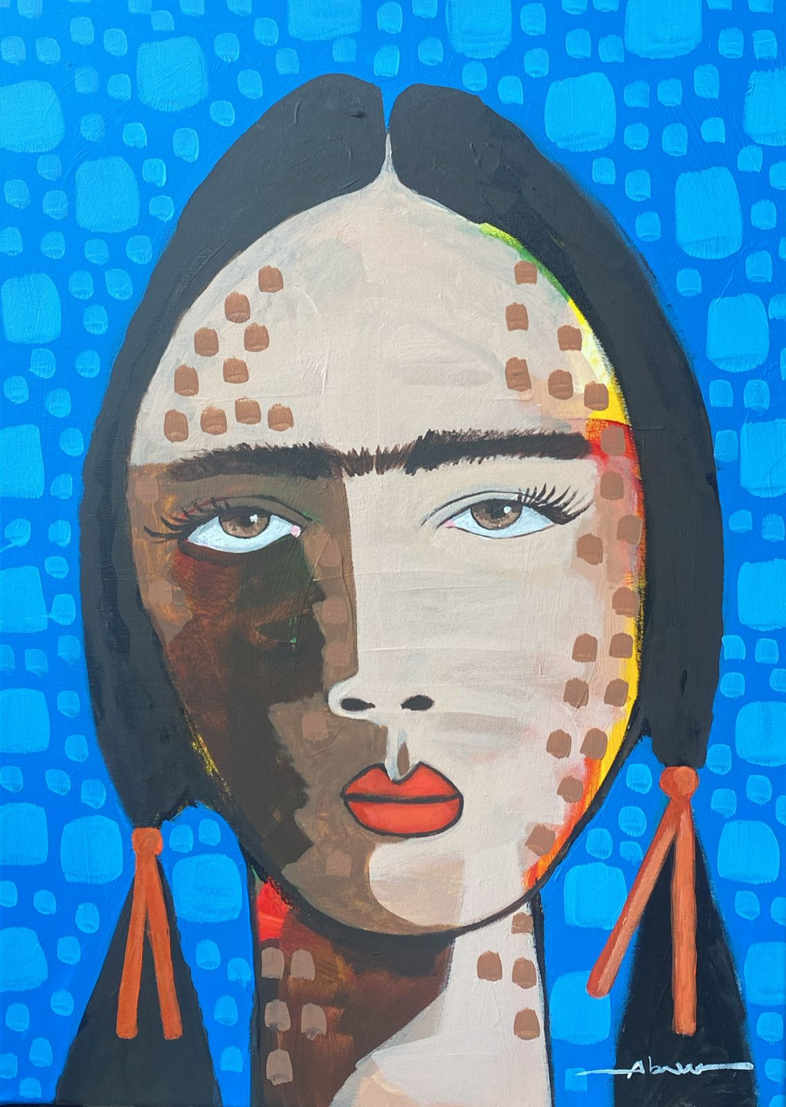 Retrato abstracto mujer con fondo azul