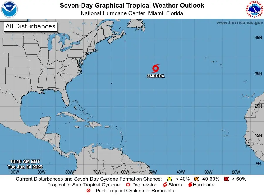 Se forma la tormenta tropical Andrea, el primer ciclón de la temporada del Atlántico