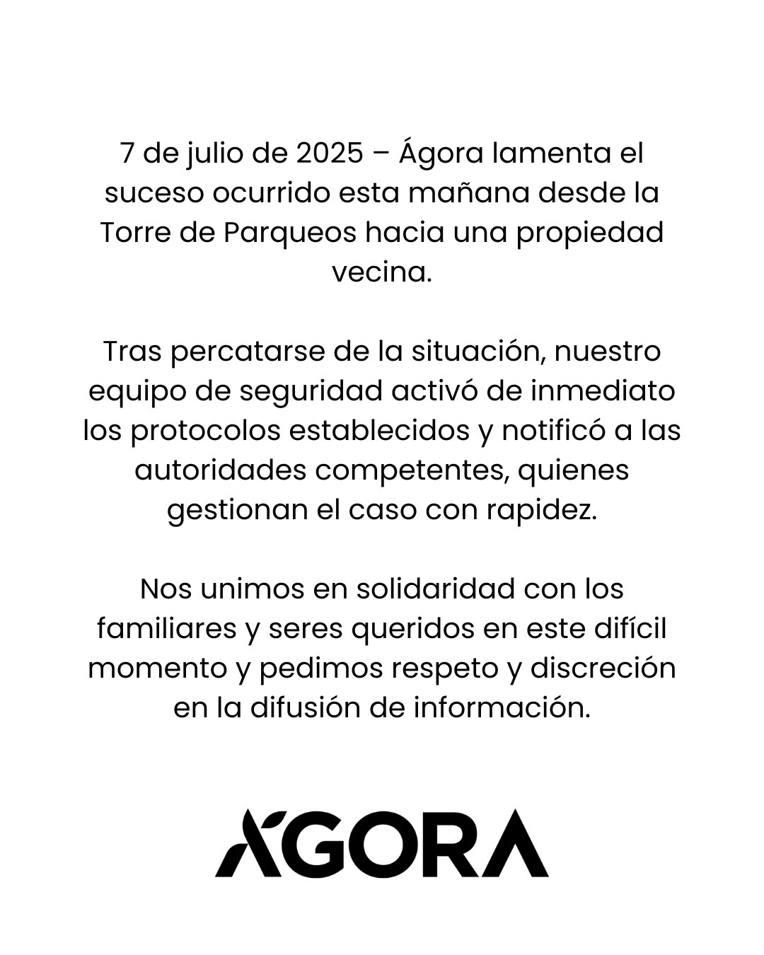 Comunicación de Ágora sobre incidente en Torre de Parqueos.