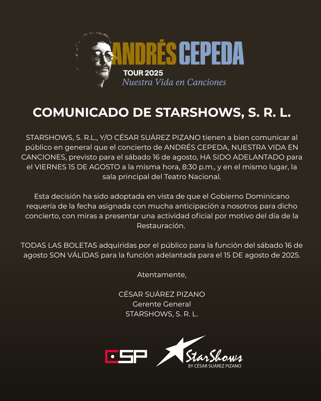 Comunicado concierto Andrés Cepeda adelantado a 15 agosto 2025.