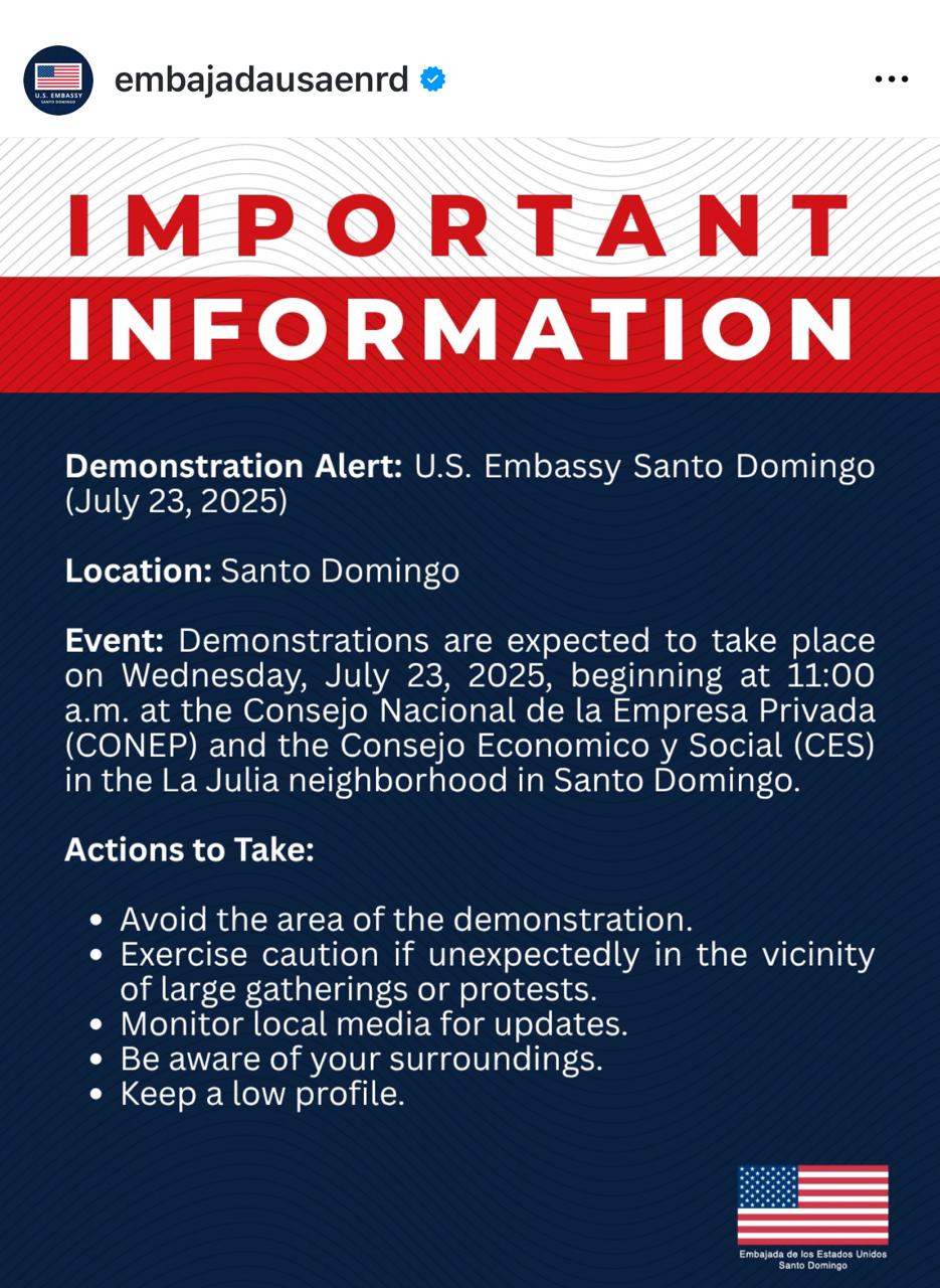 Alerta manifestaciones embajada EE.UU. Santo Domingo, acciones sugeridas.