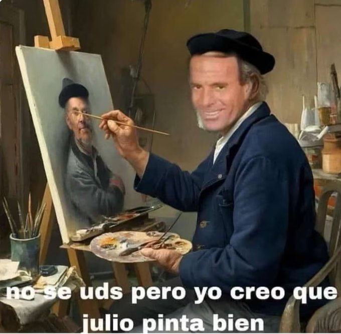 Pintor con rostro editado, humor y juego visual.