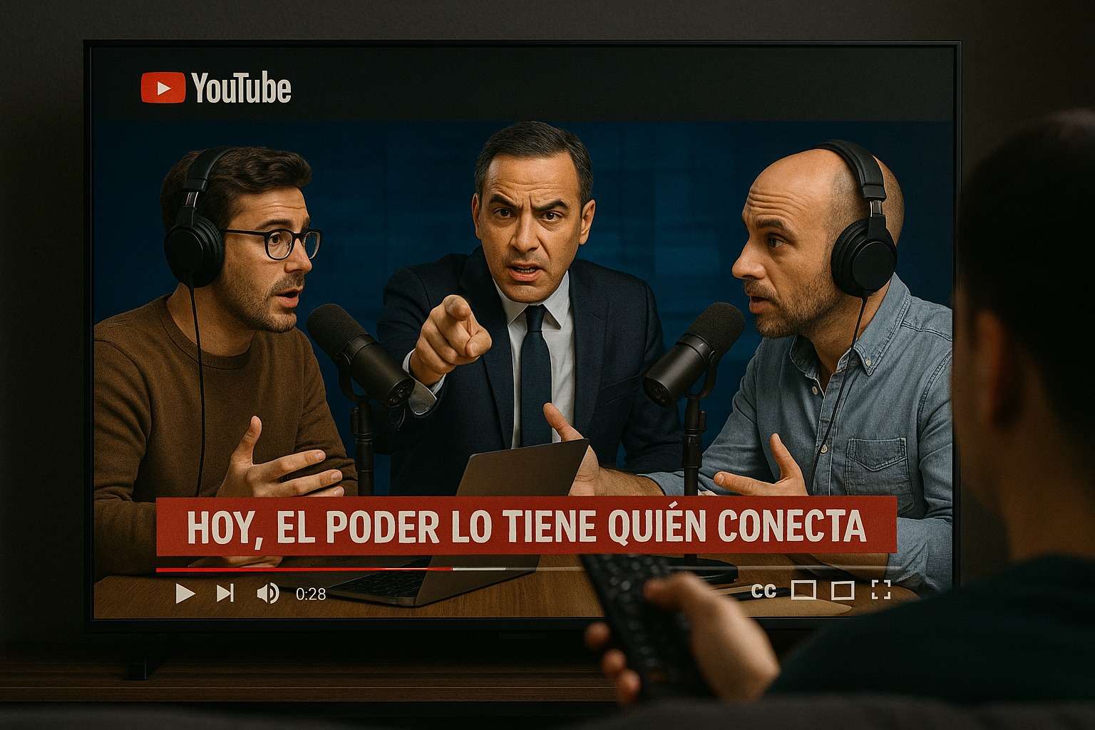 Podcast con tres personas y subtítulo en televisión.