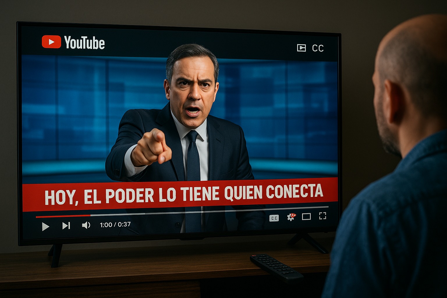 Hombre viendo noticia en televisión sobre conexión y poder.