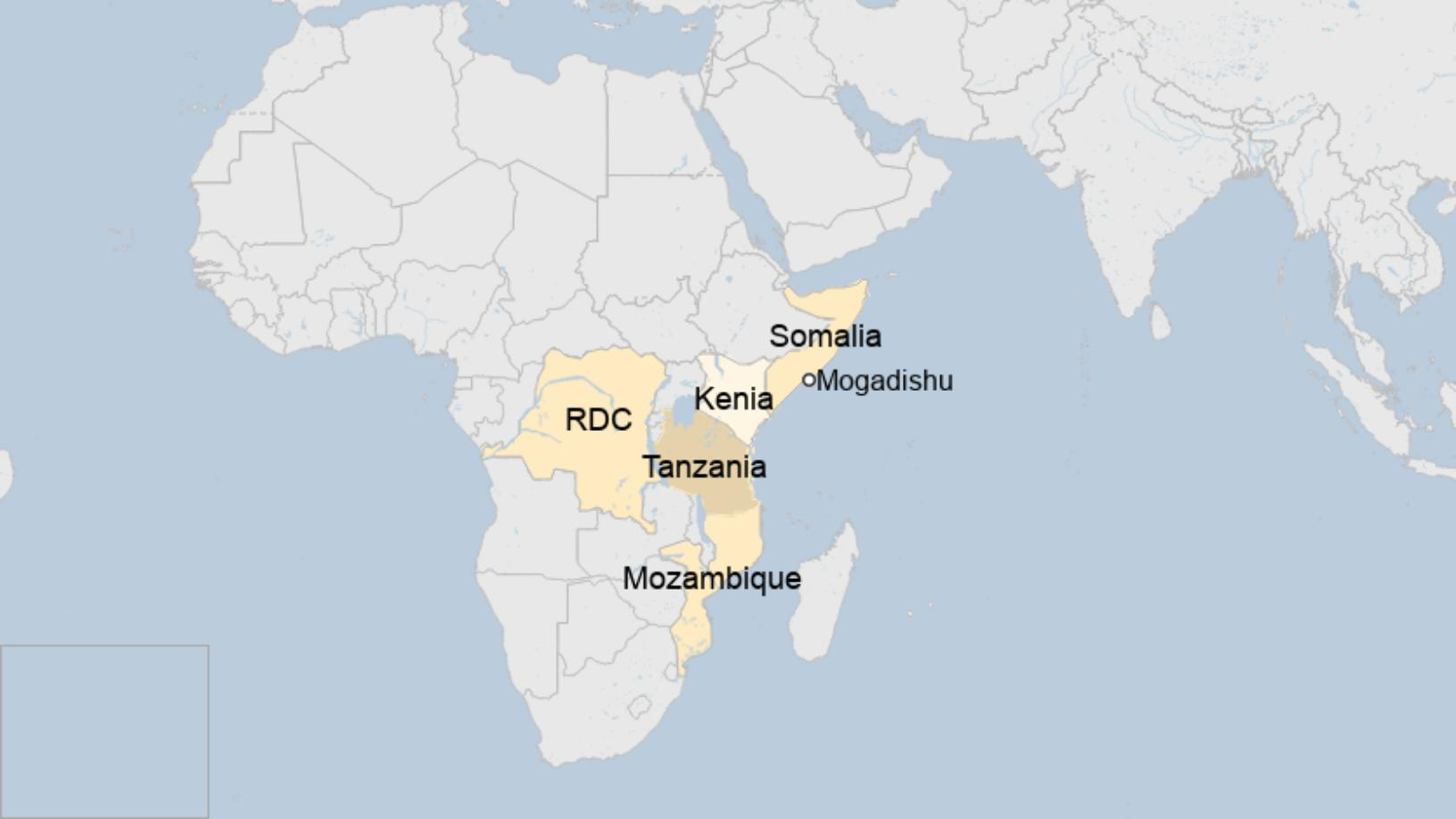 Mapa de África oriental resaltado en amarillo.