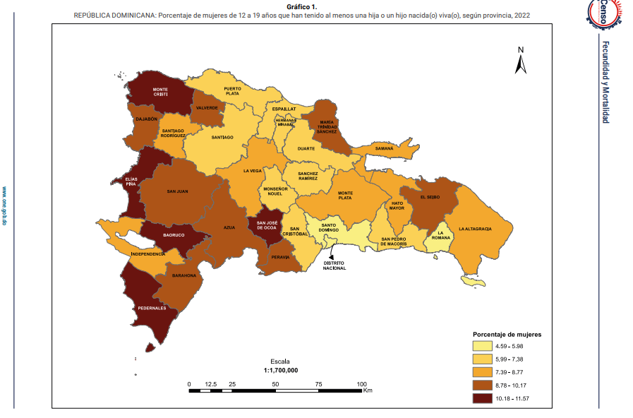 Mapa de natalidad adolescente por provincia en República Dominicana.