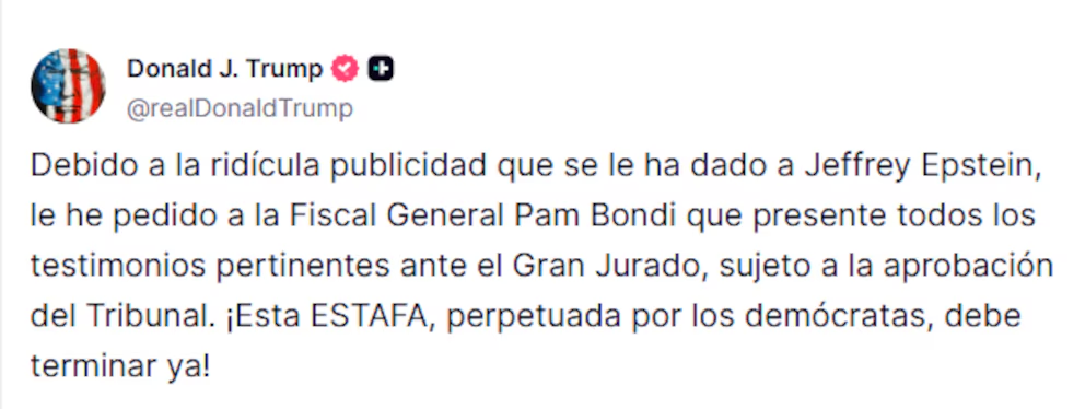 Publicación de Donald Trump sobre Jeffrey Epstein.