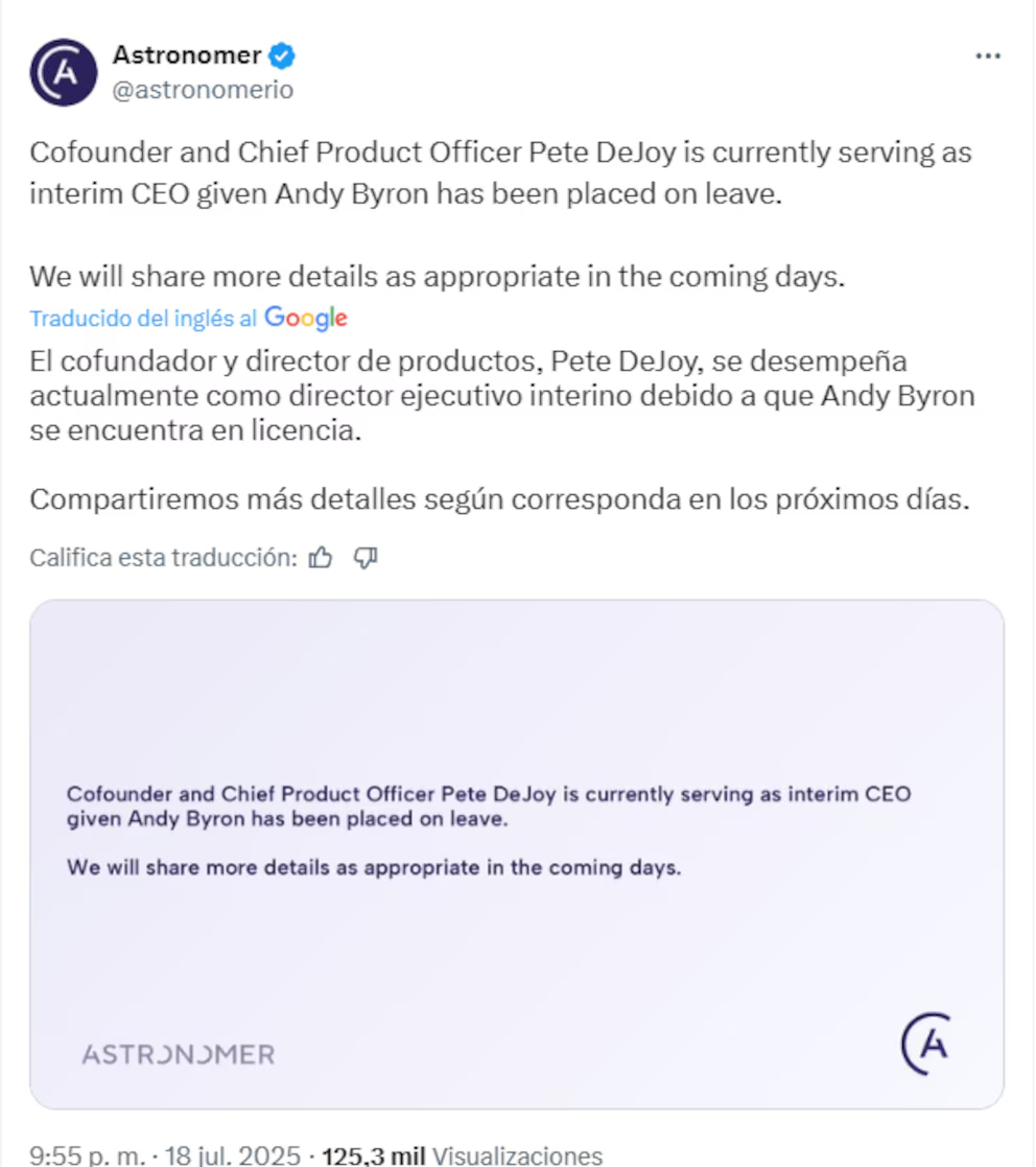 Anuncio CEO interino en Astronomer.