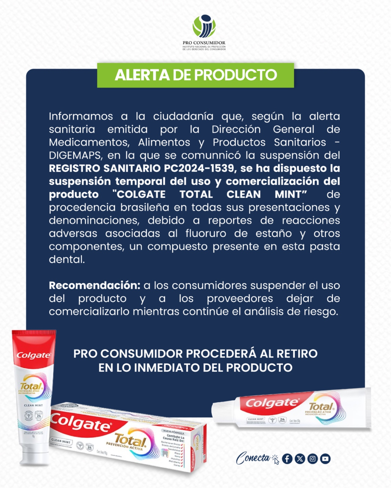 Alerta: suspención temporal de Colgate Total Clean Mint.