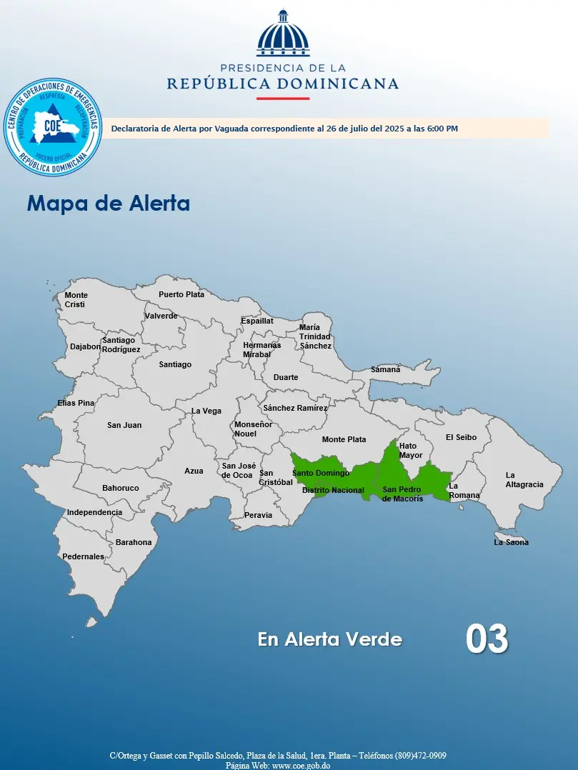 COE emite alerta verde por vaguada que afectará a dos provincias y el Distrito Nacional